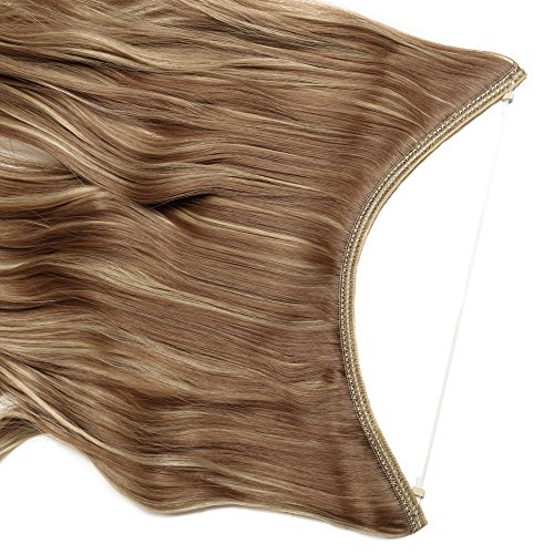 20"(50cm) Extensiones de Cabello Natural con Hilo Invisible Sin Clip Pelo Sintético Una Pieza Rizada Onduada Postizos Pelucas (90g,Marrón Claro mezcla Rubio Ceniza)