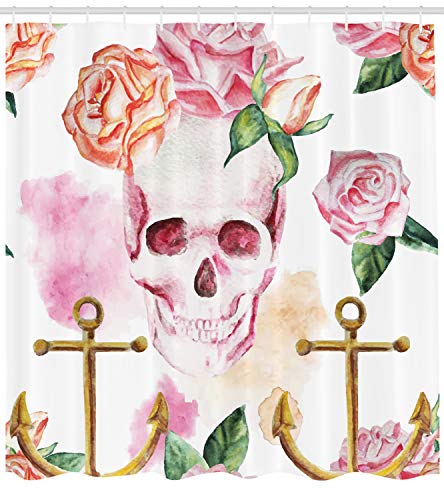 ABAKUHAUS Calavera Cortina de Baño, Náutico Ancla con Rosas Victorianas Peonóas Arte Vintage Diseño Estampa, Material Resistente al Agua Durable Estampa Digital, 175 x 200 cm, Blanco