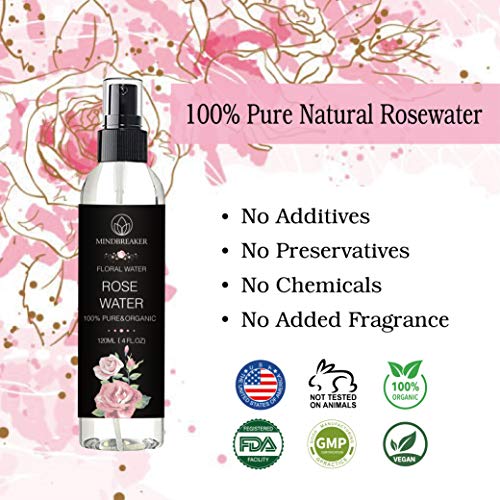 Agua de rosas orgánica: grado terapéutico, puro, búlgaro, sin hexano, sin alcohol: lo mejor para tóner facial, piel, cabello, cuidado del cuerpo, spray de viaje: rociador de niebla fina (120 ml)