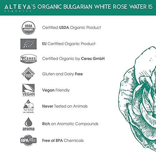 Alteya - Botella de agua de rosa blanca orgánica de 120 ml - 100% USDA certificado orgánico auténtico natural rosa Alba flor agua destilada y vendida directamente por el Rose Grower Alteya Organics