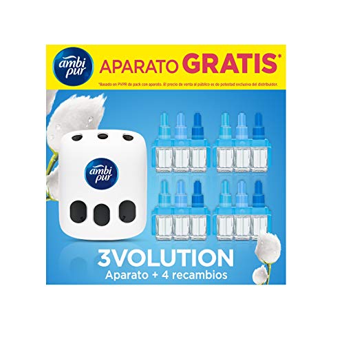 Ambi Pur 3Volution Mega Starter Pack Nubes de Algodón Ambientador Eléctrico, 4 Recambio con 3 Fragancias Que Se Alternan Para Eliminar Olores - 21 ml