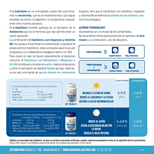 Ana Maria Lajusticia - Triptófano con magnesio + VIT B6 – 60 comprimidos. Reduce la ansiedad, el cansancio y regula el reloj interno. Apto para veganos. Envase para 30 días de tratamiento.