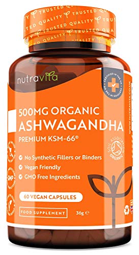 Ashwagandha Orgánica 500mg - Alta Calidad KSM-66 Sin Excipientes - 100% Natural Cápsulas Veganas - Suplemento de Ayurvédico de Withania Somnifera (Ginseng Indio) - Hecho en el RU por Nutravita