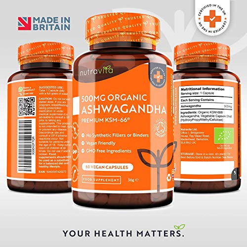 Ashwagandha Orgánica 500mg - Alta Calidad KSM-66 Sin Excipientes - 100% Natural Cápsulas Veganas - Suplemento de Ayurvédico de Withania Somnifera (Ginseng Indio) - Hecho en el RU por Nutravita