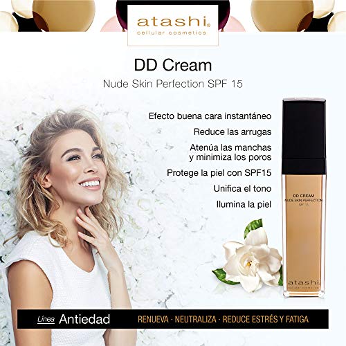 Atashi | DD Cream Antiedad | Tratamiento Antiedad con Color | Atenúa las manchas y minimiza los poros | Tono Intenso | SPF15