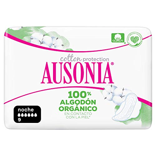 Ausonia Cotton Protection Noche (tamaño 3) Compresas Con Alas, 9, Capa Superior De Algodón 100 % Orgánico