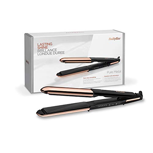 BaByliss ST481E Pure Metal Plancha de pelo profesional 2 en 1, alisa y ondula, con efecto TOP COAT, ajustes de temperatura de 150º a 230ºC, función iónica, Negro/ Oro rosa