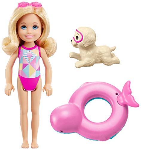 Barbie Aventura de los Delfines, muñeca Chelsea con perrito (Mattel FCJ28)