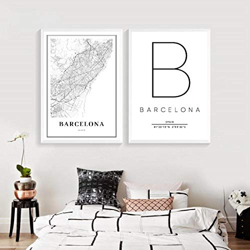 Barcelona Mapa Imprimir España España Ciudad Calle Carretera Poster Impresiones Moderno Lienzo Pintura Negro Blanco Cuadros Oficina Pared Arte Decoracion 40 × 50 cm × 2 Sin Marco