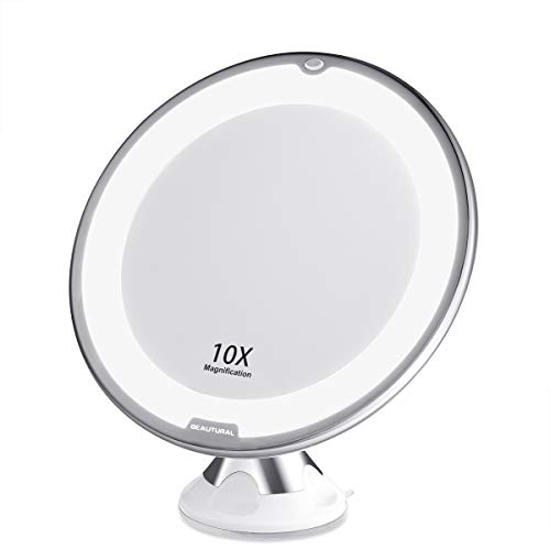 Beautural Espejo de Baño Mujer, Espejo Maquillaje con luz LED Aumento 10X, con Rótulo Giratorio Ajustable y Ventosa,a Pilas