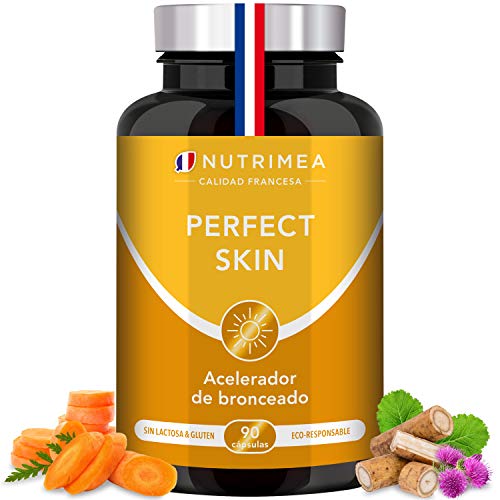 Betacaroteno Natural Acelerador Bronceado Corporal y Facial Protección Solar Antioxidante | Vitamina A y E Cobre Bardana Licopeno | 90 Cápsulas Vegetales Apto para Veganos Fabricado en Francia