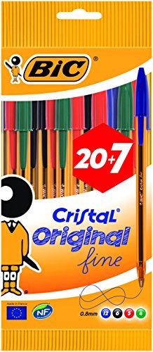 BIC Cristal Original Fine - Bolígrafos punta fina (0.8 mm), Blíster de 20+7 unidades, Colores Surtidos