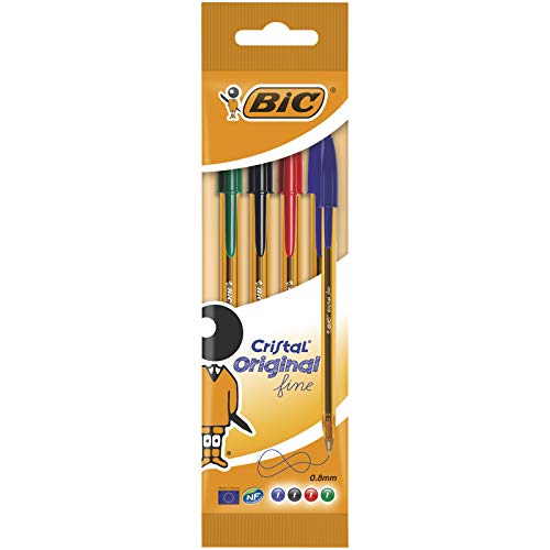 BIC Cristal Original Fine - Bolígrafos punta fina (0.8 mm), Blíster de 4 unidades, Colores Surtidos