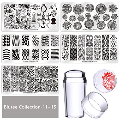 Biutee Nail Art Stamping 15pcs Placas Estampacion Uñas para Manicura +1pcs Sello de Silicona +2 pcs Rascador +1 pcs Bolsa para Placas（Color al azar）