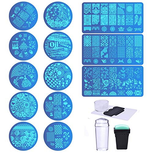 Biutee Set de Stamping Nail Art 13 Pcs Placas Estampacion Uñas +2 Pcs Estampador+2Pcs Raspador Para Manicura