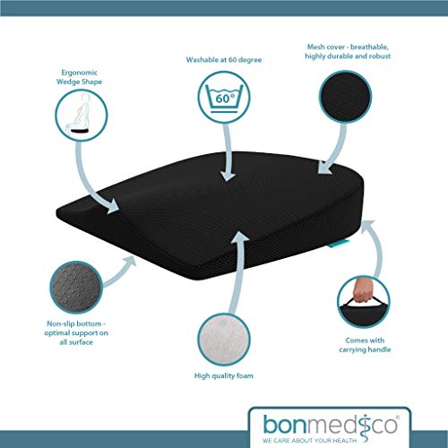 bonmedico Cojín Wedge, Almohada Ergonómica para Asiento, Cojín Ergonómico con Forma de Cuña, Ideal como Cojín de Silla en la Oficina y Asiento en el Coche, Camión, Autobús y Viajes