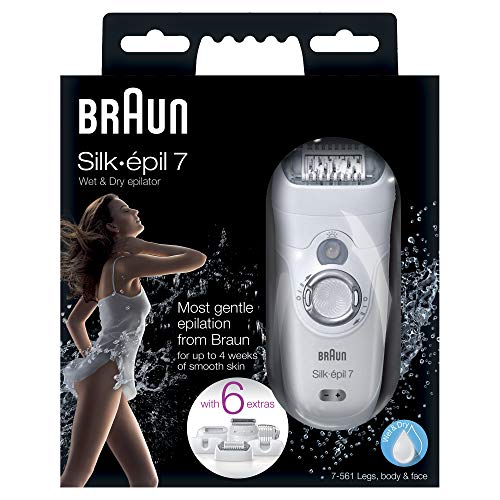 Braun Silk-épil 7 7-561 - Depiladora eléctrica inalámbrica en seco y húmedo, 6 accesorios, incluido un cabezal de afeitado y un peine de recorte, blanco