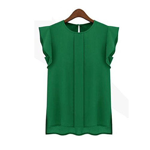 Camisetas Sin Mangas Mujer SHOBDW Verano Playa Mar Sexy Cuello Redondo Blusa Corta Informal Casual Suelto Gasa Volante Fruncido Sólido Puro Camisas De Chaleco para Mujer(Verde,XL)