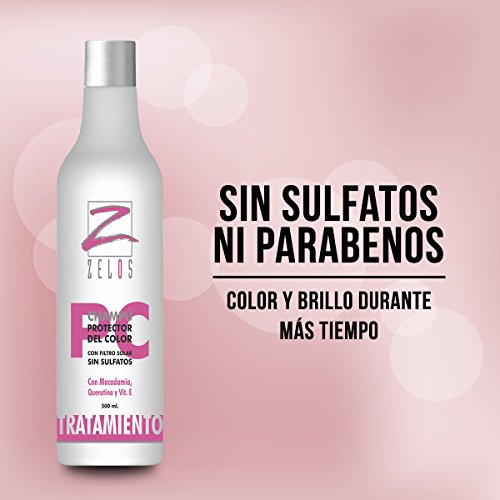 Champú Cabellos Teñidos Profesional Protector Del Color 500 ml - Sin Sulfatos ni Parabenos - Con Queratina, Macadamia y Vitamina E - Aumenta La Duración Del Color y Brillo - Zelos