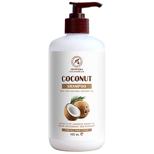 Champú de Coco 480 ml - con Aceite de Coco 100% Natural - Champú para Hidratación & Volumen - Sin Sulfatos ni Parabenos - Extractos de té Verde Japonés, Grosella Espinosa India y Romero