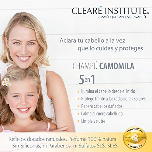 Clearé Institute Champú Camomila - Limpia, Nutre y Acondiciona | Reflejos Dorados y Luminosidad | 98% Ingre. Naturales | Sin Parabenos, Siliconas ni Sulfatos SLES, SLS | Para Toda la Familia - 400ml