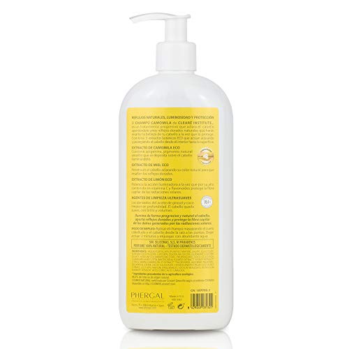 Clearé Institute Champú Camomila - Limpia, Nutre y Acondiciona | Reflejos Dorados y Luminosidad | 98% Ingre. Naturales | Sin Parabenos, Siliconas ni Sulfatos SLES, SLS | Para Toda la Familia - 400ml