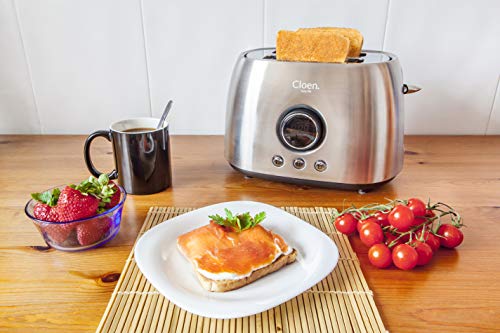 CLOEN Tostadora Pan 2 Rebanadas Ranuras Anchas de Tostadora, 800W, 6 Niveles Ajustables, 3 Funciones | Toaster de Pan de Acero Inoxidable con Bandeja Extraíble para Migas Easy Toaster