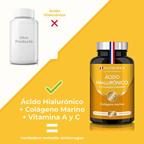 Colágeno Marino y Acido Hialurónico Puro | Con Vitamina A y Vitamina C | Hidratación Piel Antiedad Antirrugas Reduce Líneas de Expresión | Huesos y Articulaciones | 60 Cápsulas Fabricado en Francia