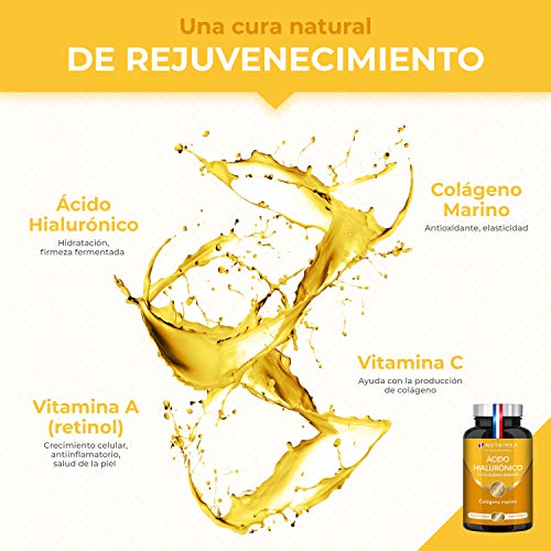 Colágeno Marino y Acido Hialurónico Puro | Con Vitamina A y Vitamina C | Hidratación Piel Antiedad Antirrugas Reduce Líneas de Expresión | Huesos y Articulaciones | 60 Cápsulas Fabricado en Francia