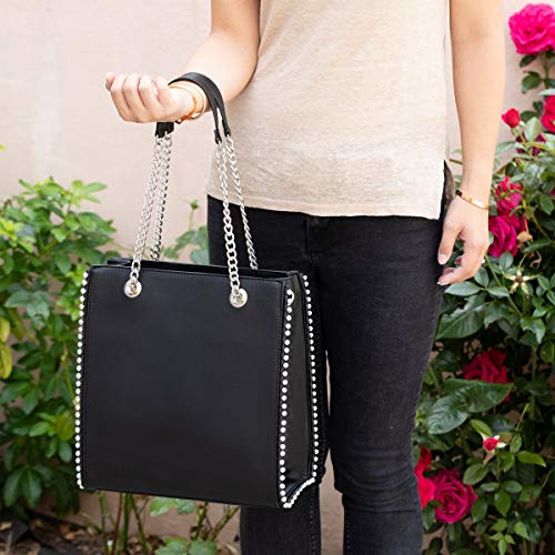 CRAZYCHC - Bolso de Mano Cadena Mujer - Shopper Tote Remaches Perlas - Bolsos de Hombro Cuero Piel PU Mediano - Bolso Compras Rectangular Shopping Bag - Elegante Moda Tendencia Designer - Negro