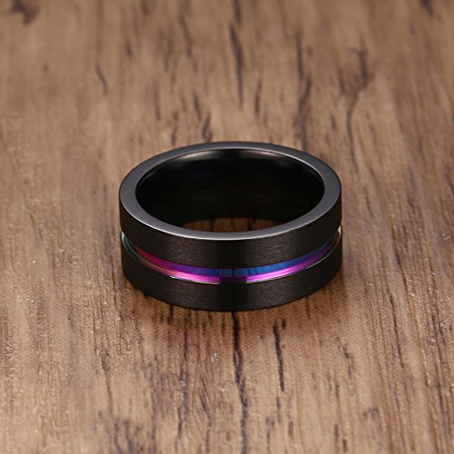 Daesar Anillo de Acero Inoxidable para Hombre Anillos 8MM Anillo Azul Rayas Negro Anillos con Grabado Gratis Anillo Talla 27