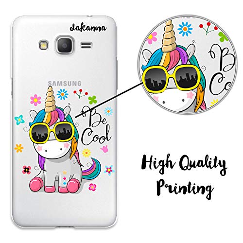 dakanna Funda para Samsung Galaxy Grand Prime | Unicornio con Gafas Frase: Be Cool | Carcasa de Gel Silicona Flexible | Fondo Transparente