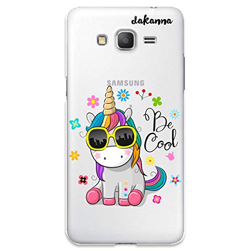 dakanna Funda para Samsung Galaxy Grand Prime | Unicornio con Gafas Frase: Be Cool | Carcasa de Gel Silicona Flexible | Fondo Transparente