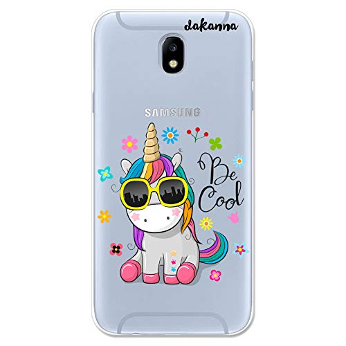 dakanna Funda para Samsung Galaxy J7 2017 | Unicornio con Gafas Frase: Be Cool | Carcasa de Gel Silicona Flexible | Fondo Transparente