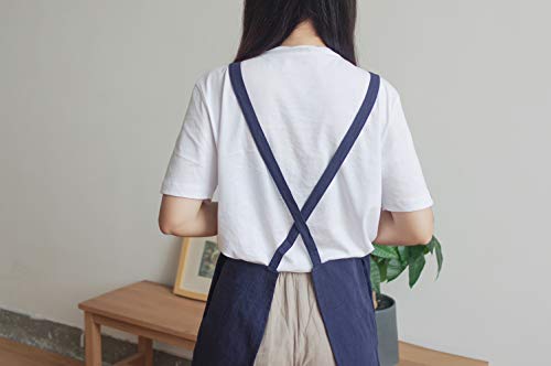 Delantal de cocina ajustable estilo japonés de lino de algodón con 2 bolsillos Pinafort, chef, cintura, peluquería, se adapta para parrilla, barbacoa, pintura cruzada espalda H correas de hombro