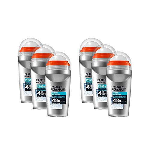 Desodorante L'Oreal Men Expert Fresh Extreme Roll-On, pack de 6 unidades, regula la formación de sudor y combate el olor corporal de larga duración (6 x 50 ml)