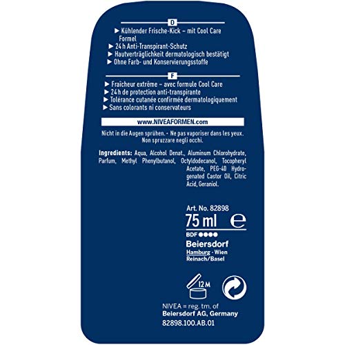 Desodorante Nivea Men Cool Kick en paquete de 1 unidad (1 x 75 ml), antitranspirante para una sensación refrescante en la piel, desodorante con protección de 24 h