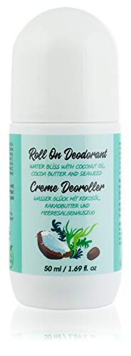 Desodorante Roll On Natural con Aceite de Coco, Manteca de Cacao y Algas Para Hombres y Mujeres. Sin Aluminio, Parabenos. Tamaño de Viaje, Líquido, Antitranspirante, 50 ml.