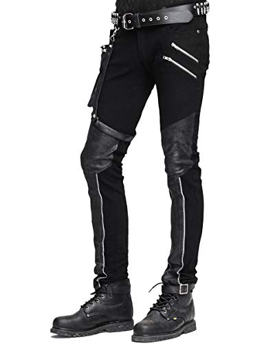 Devil FASHION HOMBRE dieselpunk Pantalones Vaqueros Negro Gótico Punk Piel Sintética Hip Bolso - Negro, X-Large