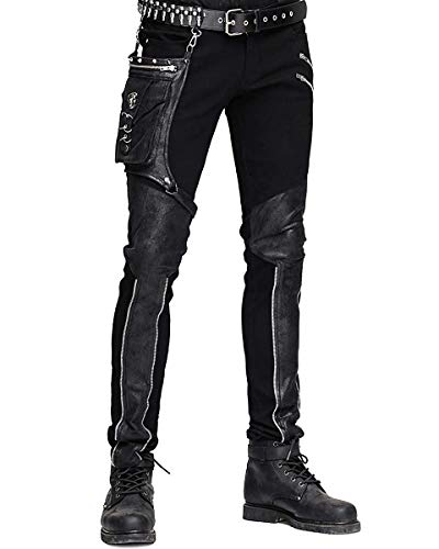 Devil FASHION HOMBRE dieselpunk Pantalones Vaqueros Negro Gótico Punk Piel Sintética Hip Bolso - Negro, X-Large