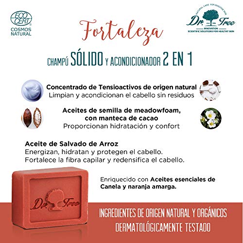 Dr.Tree Fortaleza 2 en 1 - Champú Sólido + Acondicionador Ecológico. Limpia, Hidrata y Energiza, Cabello fino y Débil o Caída, Champú sin SLS, 1 Pastilla = 900ml, 99% Ingred. Naturales ECOCERT