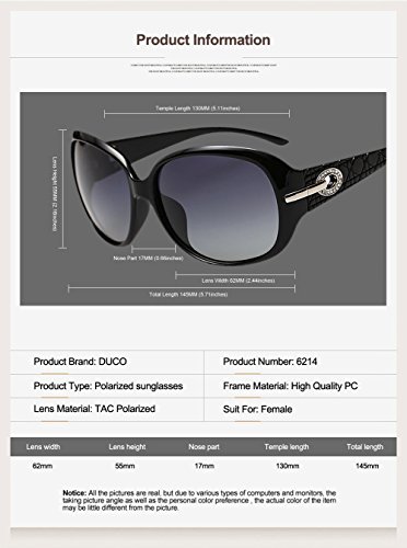 Duco Mujer Gafas de sol Classic Fashionable Ladies con lentes polarizadas de gran tamaño 100% protección UV 6214 (Púrpura brillante)