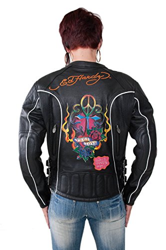 Ed Hardy True Love Rose Chaqueta de Cuero Para Mujer, Negro, M