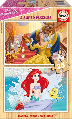 Educa- Disney Princesses : Bella y Ariel 2 Puzzles Infantiles de Madera ecológica de 25 Piezas, a Partir de 3 años (17164)