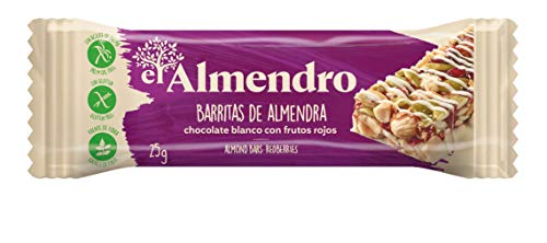 El Almendro - Barritas de Almendra, Chocolate Blanco y Frutos Rojos - 10x25 gr - Sin Gluten - Sin Aceite de Palma - Fuente de Fibra