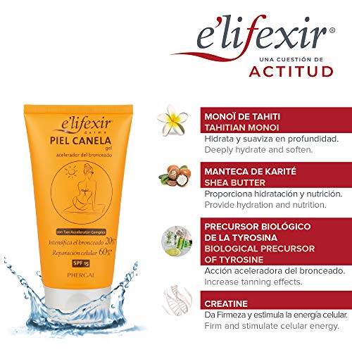 Elifexir Piel Canela - Gel Bronceador | Protege, Hidrata y Reafirma | Ilumina tu Piel | Creatina y Manteca de Karité | Protector Solar SPF15 UV/UVB | Acelerador Bronceado | Reparación Celular - 150ml