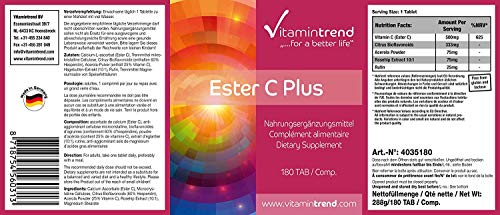 Ester C® plus – con bioflavonoides y acerola – Vitamina C vegana – 180 pastillas – Tratamiento para 6 meses