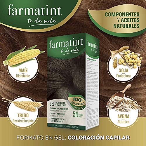 Farmatint Gel 5N Castaño Claro | Color natural y duradero | Componentes vegetales y aceites naturales | Sin amoníaco | Sin Parabenos | Dermatológicamente testado