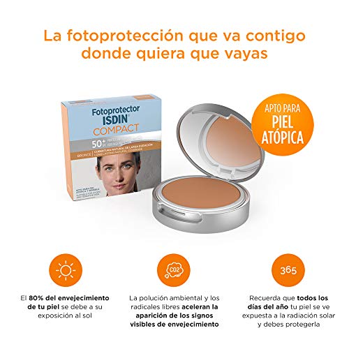 Fotoprotector ISDIN Compact SPF 50+ Bronce - Protector solar facial, Cobertura natural de larga duración, Apto para piel atópica y sensible, 10 g