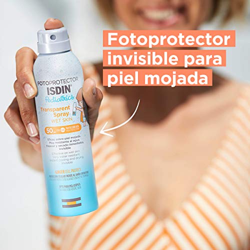 Fotoprotector ISDIN Pediatrics Transparent spray Wet Skin SPF 50 - Protector solar corporal para niños, invisible, ligero, para piel mojada, 250 ml